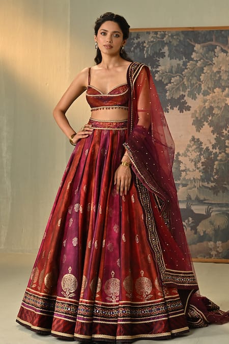 Shop_Cedar & Pine_Red Dupion, Brocade, Tulle Foil Printing, Mirrors, Kumkum Block Lehenga Set _Online_at_Aza_Fashions