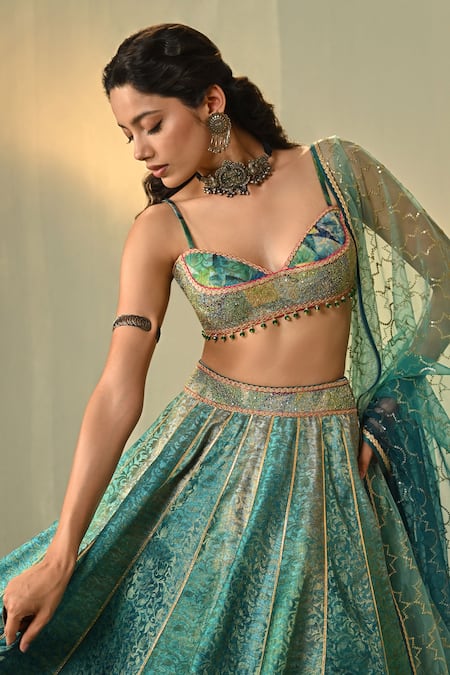 Cedar & Pine_Blue Tulle, Brocade Embroidery, Beads, Kalindi Textured Print Lehenga Set _Online_at_Aza_Fashions