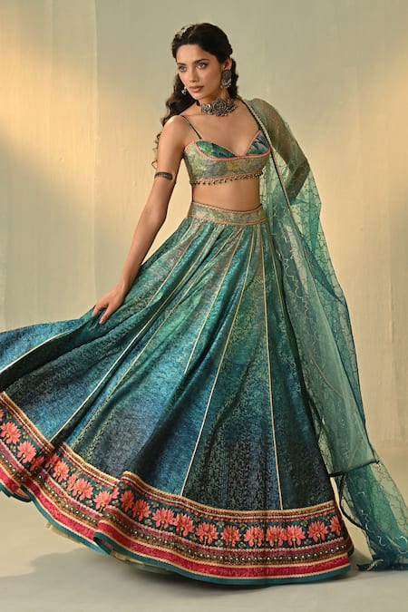 Buy_Cedar & Pine_Blue Tulle, Brocade Embroidery, Beads, Kalindi Textured Print Lehenga Set _Online_at_Aza_Fashions