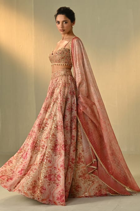 Cedar & Pine_Pink Organza, Tulle Sequins, Embroidery, Beads, Foil Floral Lehenga Set _Online_at_Aza_Fashions