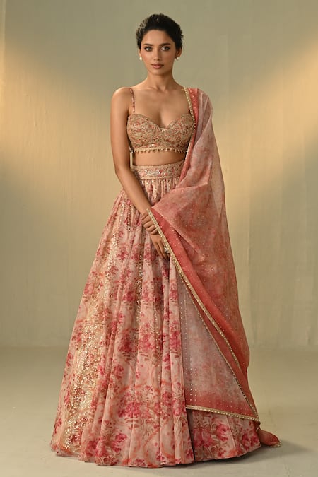 Buy_Cedar & Pine_Pink Organza, Tulle Sequins, Embroidery, Beads, Foil Floral Lehenga Set _Online_at_Aza_Fashions