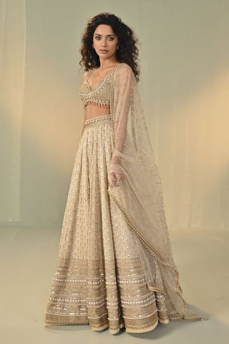 Cedar & Pine_Ivory Organza, Tulle Embroidery, Sequins, Zari, Beads Sweetheart Lehenga Set _Online_at_Aza_Fashions