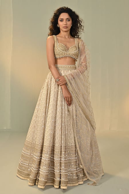 Buy_Cedar & Pine_Ivory Organza, Tulle Embroidery, Sequins, Zari, Beads Sweetheart Lehenga Set _Online_at_Aza_Fashions