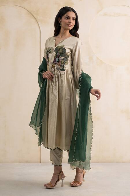 Shop_Neelu And Manvi_Ivory Dupion, Silk, Organza Embroidery Split Village Life Thread Kurta Set _Online_at_Aza_Fashions
