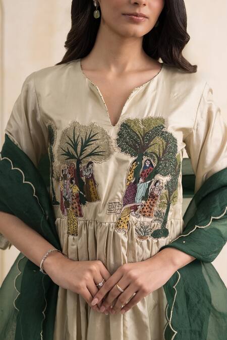 Neelu And Manvi_Ivory Dupion, Silk, Organza Embroidery Split Village Life Thread Kurta Set _at_Aza_Fashions