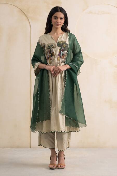 Buy_Neelu And Manvi_Ivory Dupion, Silk, Organza Embroidery Split Village Life Thread Kurta Set 