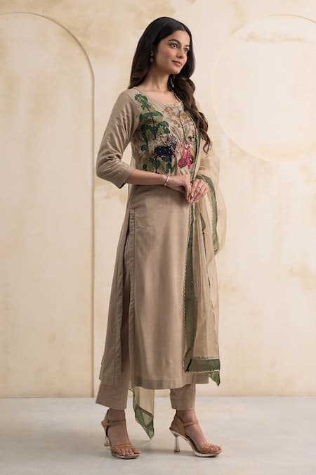 Buy_Neelu And Manvi_Beige Cotton, Silk, Organza Embroidery, Sequins, Radha Krishna Kurta Pant Set _Online_at_Aza_Fashions