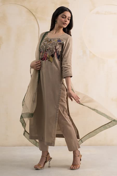 Shop_Neelu And Manvi_Beige Cotton, Silk, Organza Embroidery, Sequins, Radha Krishna Kurta Pant Set _Online_at_Aza_Fashions