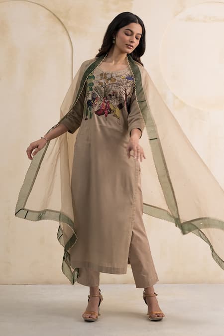 Neelu And Manvi_Beige Cotton, Silk, Organza Embroidery, Sequins, Radha Krishna Kurta Pant Set _at_Aza_Fashions