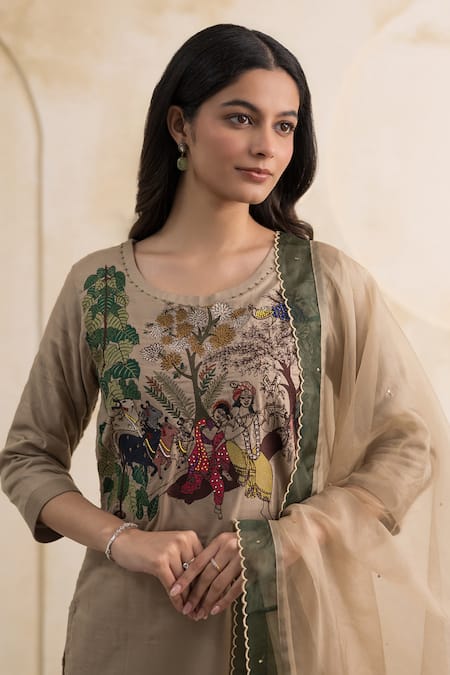 Buy_Neelu And Manvi_Beige Cotton, Silk, Organza Embroidery, Sequins, Radha Krishna Kurta Pant Set 