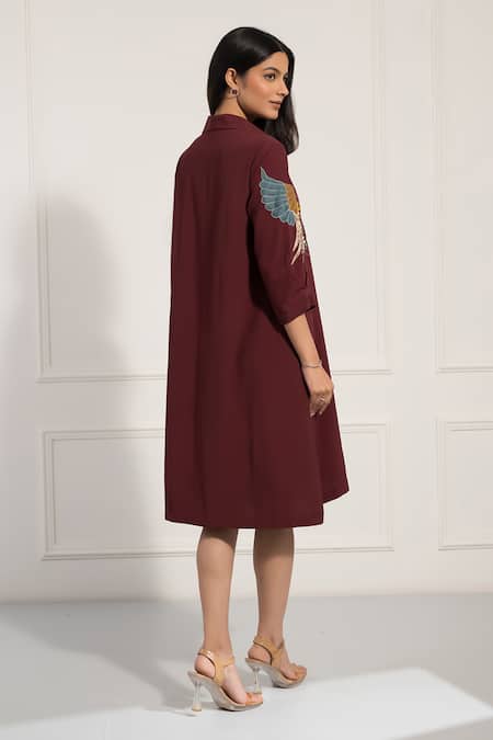 Buy_Neelu And Manvi_Wine Georgette Applique, Embroidery Collared, V-neck Thread Work Dress _Online_at_Aza_Fashions