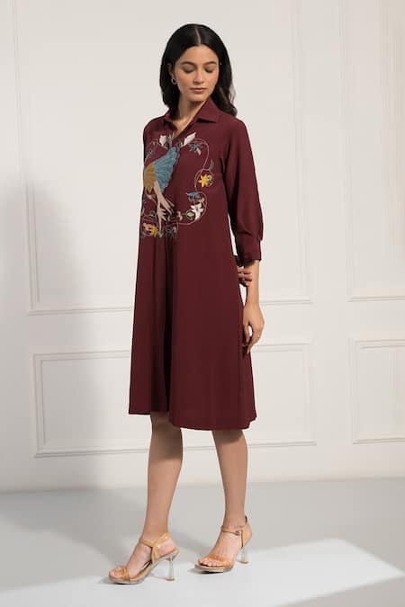 Shop_Neelu And Manvi_Wine Georgette Applique, Embroidery Collared, V-neck Thread Work Dress _Online_at_Aza_Fashions