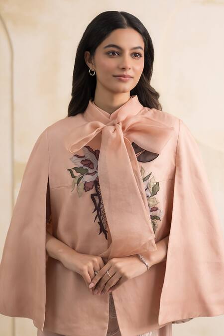 Neelu And Manvi_Pink Mandarin Collar Organza Applique Thread Embroidered Top _at_Aza_Fashions