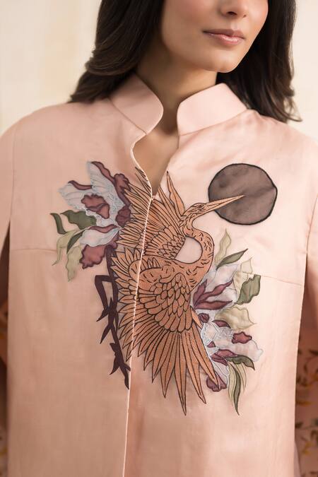 Buy_Neelu And Manvi_Pink Mandarin Collar Organza Applique Thread Embroidered Top 