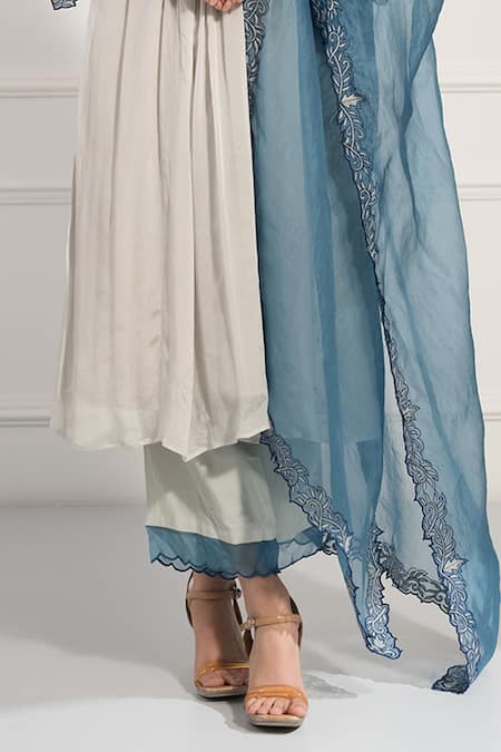 Shop_Neelu And Manvi_Blue Chinon, Organza Embroidery V-neck V Kurta Pant Set _Online_at_Aza_Fashions