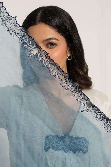 Shop_Neelu And Manvi_Blue Chinon, Organza Embroidery V-neck V Kurta Pant Set 