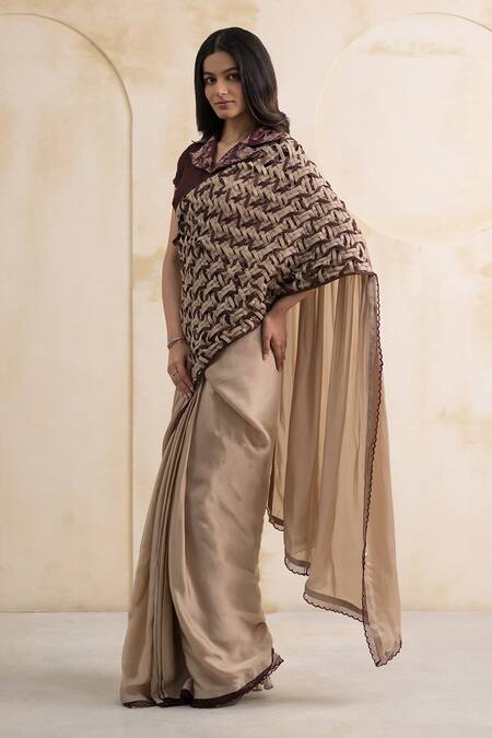 Neelu And Manvi_Beige Satin, Georgette, Organza Floral Blouse And Weave Pallu Saree Set _at_Aza_Fashions