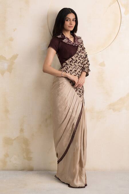 Shop_Neelu And Manvi_Beige Satin, Georgette, Organza Floral Blouse And Weave Pallu Saree Set 
