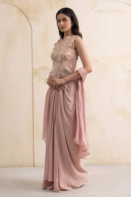 Buy_Neelu And Manvi_Pink Silk, Georgette Applique, Embroidery, Zari Round Hand Blouse Dhoti Set _Online_at_Aza_Fashions