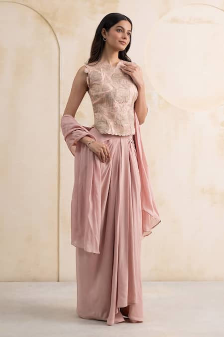 Shop_Neelu And Manvi_Pink Silk, Georgette Applique, Embroidery, Zari Round Hand Blouse Dhoti Set _Online_at_Aza_Fashions