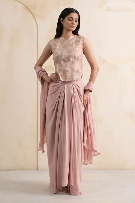 Buy_Neelu And Manvi_Pink Silk, Georgette Applique, Embroidery, Zari Round Hand Blouse Dhoti Set 
