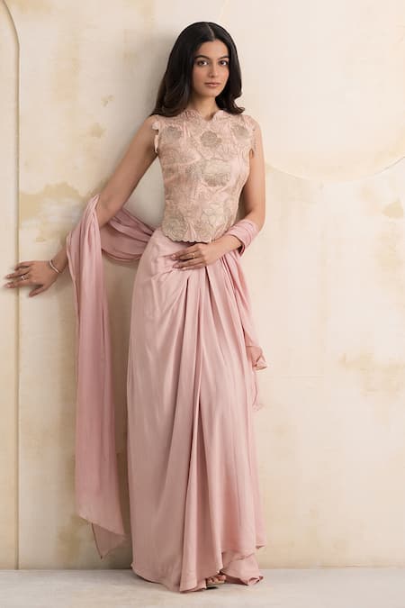 Shop_Neelu And Manvi_Pink Silk, Georgette Applique, Embroidery, Zari Round Hand Blouse Dhoti Set 