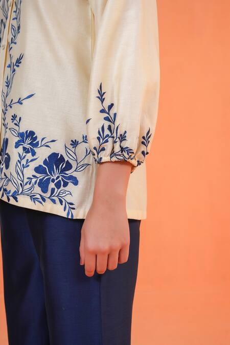 Shop_Origani_Ivory Chanderi Silk Embroidery V-neck, Collared Shirt With Pant _Online_at_Aza_Fashions