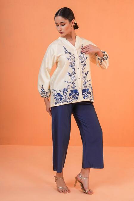 Buy_Origani_Ivory Chanderi Silk Embroidery V-neck, Collared Shirt With Pant 