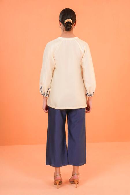 Shop_Origani_Ivory Chanderi Silk Embroidery V-neck, Collared Shirt With Pant 