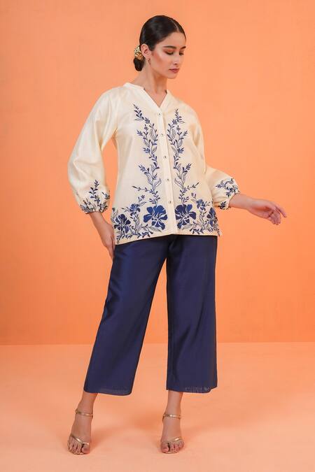 Shop_Origani_Ivory Chanderi Silk Embroidery Split V-neck, Mandarin Collar Resham Thread Top _Online_at_Aza_Fashions