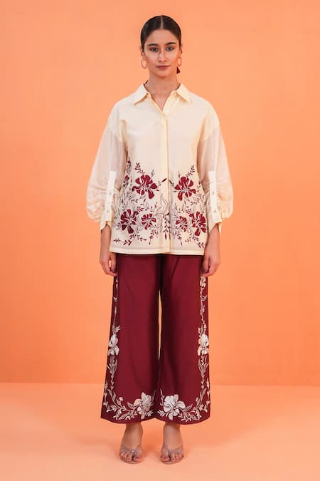 Shop_Origani_Ivory Chanderi Silk Embroidery Collared, V-neck Shirt With Pant _Online_at_Aza_Fashions