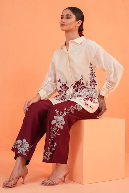Origani_Ivory Chanderi Silk Embroidery Collared, V-neck Shirt With Pant _at_Aza_Fashions
