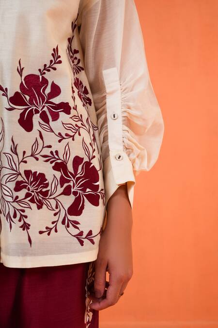 Origani_Ivory Chanderi Silk Embroidery Collared Resham Shirt _Online_at_Aza_Fashions