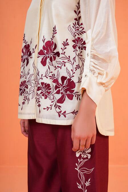 Buy_Origani_Ivory Chanderi Silk Embroidery Collared Resham Shirt _Online_at_Aza_Fashions