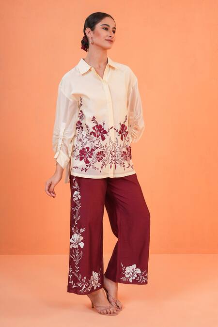 Shop_Origani_Ivory Chanderi Silk Embroidery Collared Resham Shirt _Online_at_Aza_Fashions