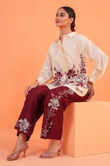 Origani_Ivory Chanderi Silk Embroidery Collared Resham Shirt _at_Aza_Fashions