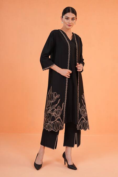 Origani_Black Chanderi Silk Embroidery V-neck Jacket Kurta Set _at_Aza_Fashions