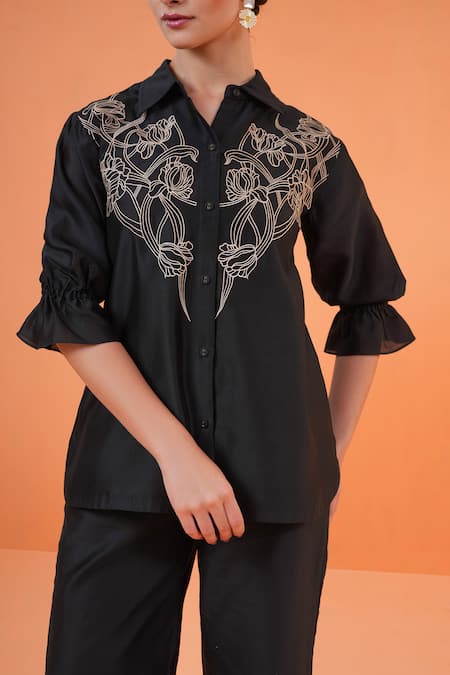 Buy_Origani_Black Chanderi Silk Embroidery, Metallic Thread Resham Shirt With Pant _Online_at_Aza_Fashions