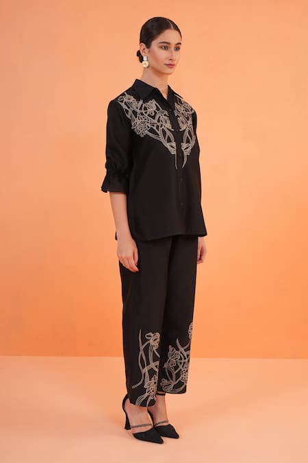Shop_Origani_Black Chanderi Silk Embroidery, Metallic Thread Resham Shirt With Pant _Online_at_Aza_Fashions