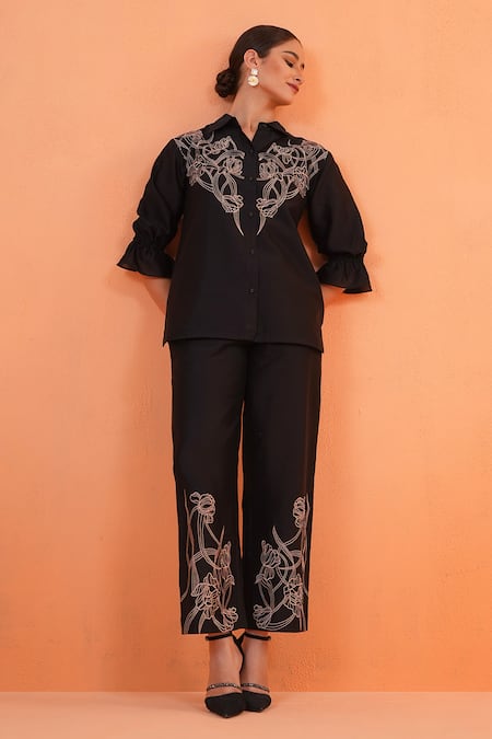 Origani_Black Chanderi Silk Embroidery, Metallic Thread Resham Shirt With Pant _at_Aza_Fashions