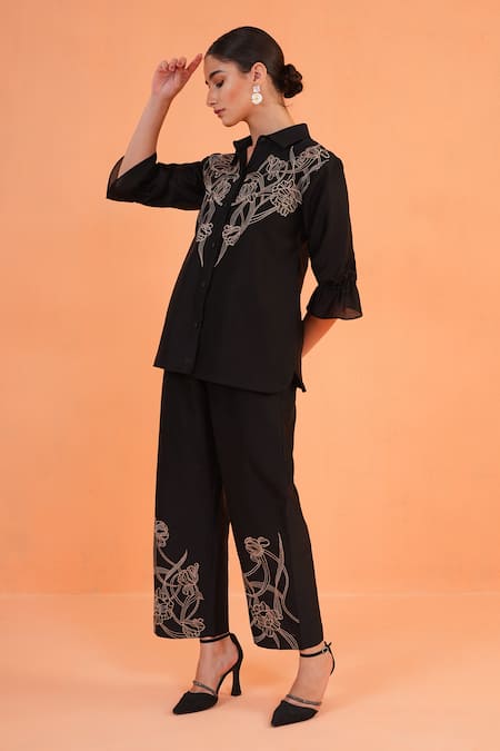 Buy_Origani_Black Chanderi Silk Embroidery, Metallic Thread Resham Shirt With Pant 