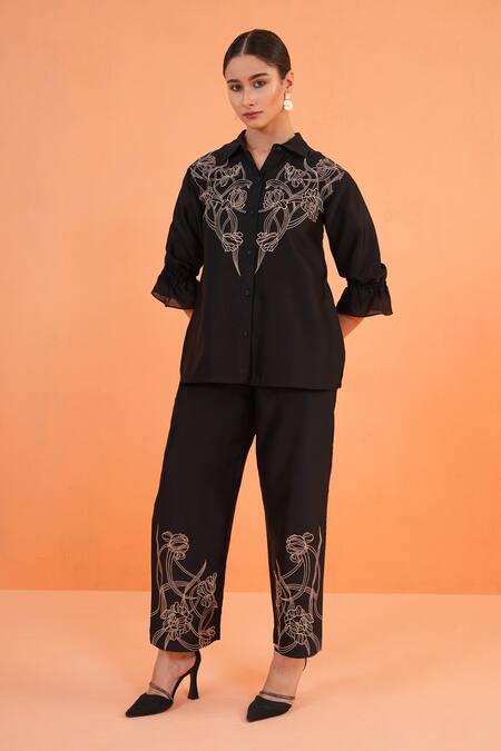 Buy_Origani_Black Chanderi Silk Embroidery Collared Thread Shirt _Online_at_Aza_Fashions