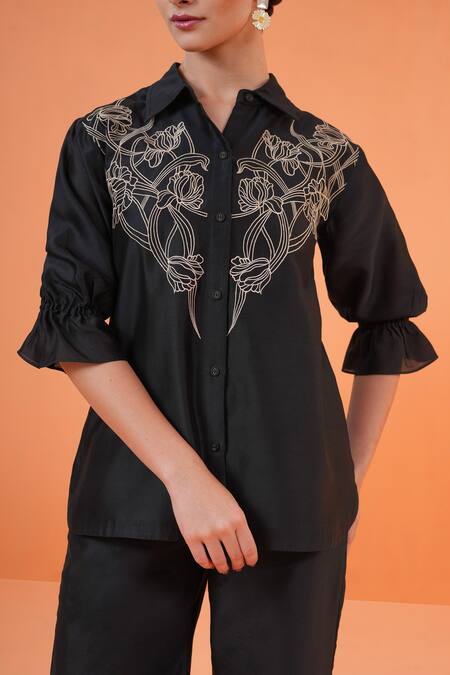 Shop_Origani_Black Chanderi Silk Embroidery Collared Thread Shirt _Online_at_Aza_Fashions