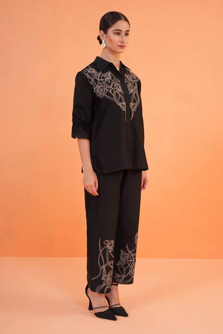 Origani_Black Chanderi Silk Embroidery Collared Thread Shirt _at_Aza_Fashions