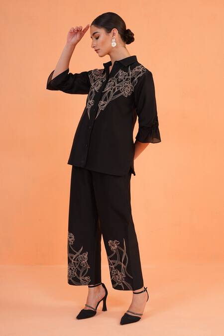 Buy_Origani_Black Chanderi Silk Embroidery Collared Thread Shirt 
