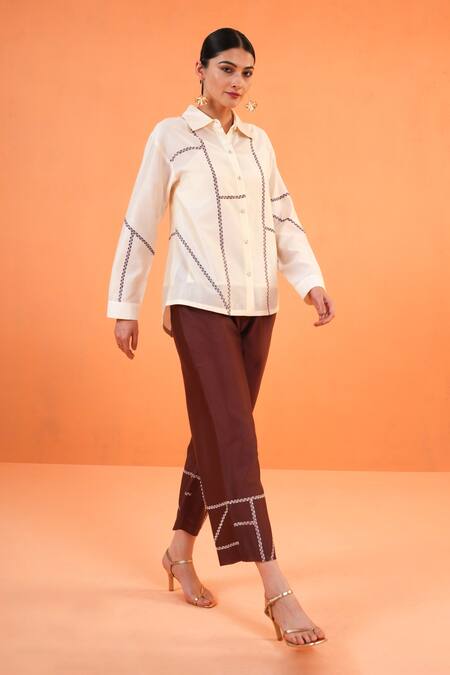 Buy_Origani_Ivory Chanderi Silk Embroidery, Metallic Thread Geometric Shirt And Pant Set _Online_at_Aza_Fashions