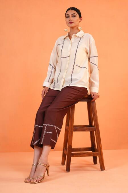 Origani_Ivory Chanderi Silk Embroidery, Metallic Thread Geometric Shirt And Pant Set _at_Aza_Fashions
