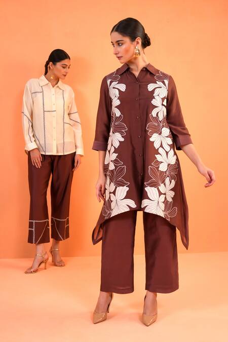 Shop_Origani_Ivory Chanderi Silk Embroidery, Metallic Thread Geometric Shirt And Pant Set 