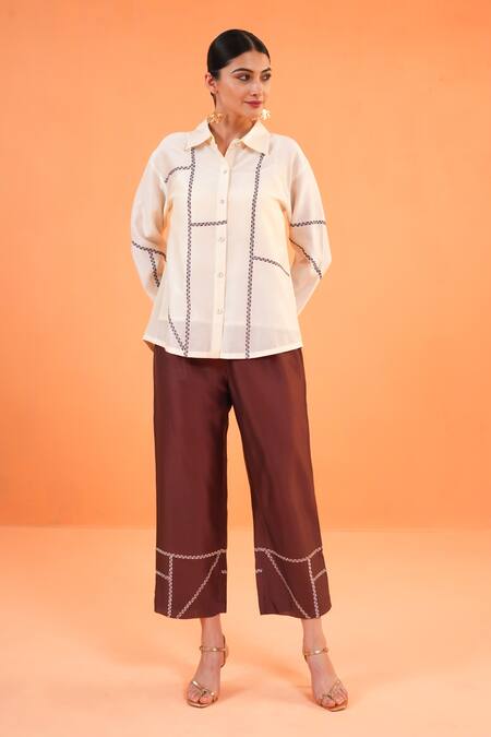 Origani_Ivory Chanderi Silk Embroidery Collared Geometric Shirt _Online_at_Aza_Fashions