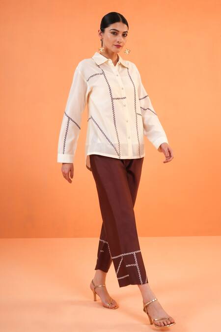 Buy_Origani_Ivory Chanderi Silk Embroidery Collared Geometric Shirt _Online_at_Aza_Fashions